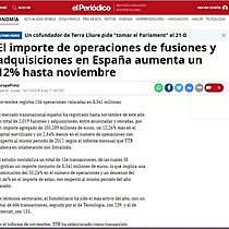 El importe de operaciones de fusiones y adquisiciones en Espaa aumenta un 12% hasta noviembre